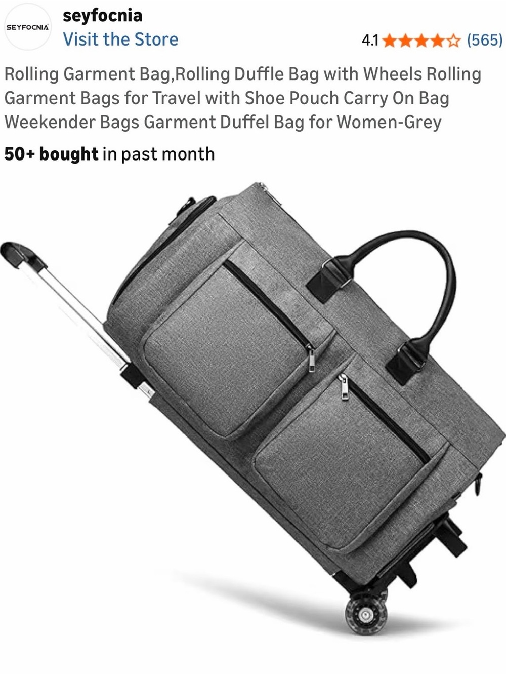 Seyfocnia Grey Rolling Garment Duffel Bag with Wheels